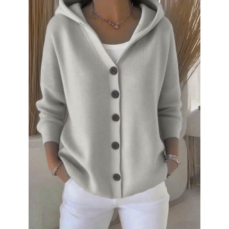 Women's Cross-Border European & American Style Hooded Knit Cardigan - Autumn/Winter Solid Color Casual Fashion Sweater Coat