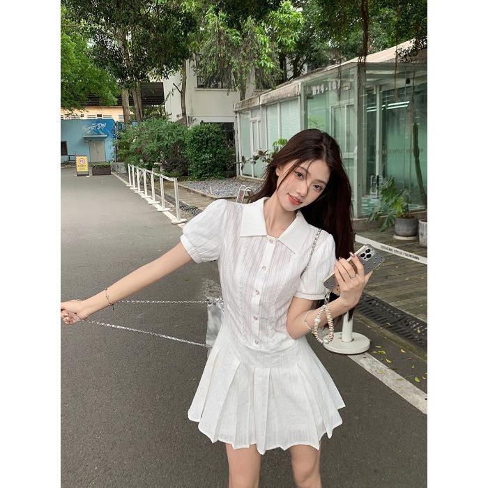 Academy Style Bubble Sleeve White Shirt Dress Children Summer French Sweet Little Waist Skirt Set