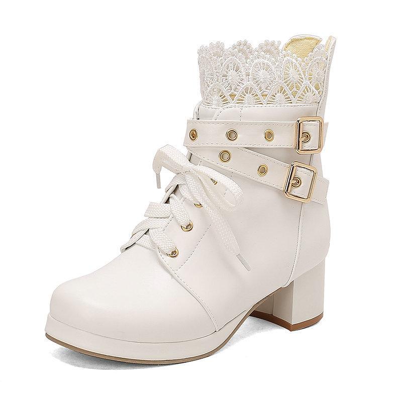  Short Boots Hollow Lace Belt Buckle LO Lolita Shoes Student Dress Short Boots and Ankle Boots