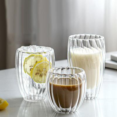 Ev Basit Süt Bardağı Dikey Çizgili Şeffaf Cam İçme Bardağı Kapaklı ve Saplı Yüksek Değer