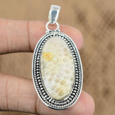 Natural Fossil Coral Gemstone Pendant 925 Sterling Silver Jewelry For Women