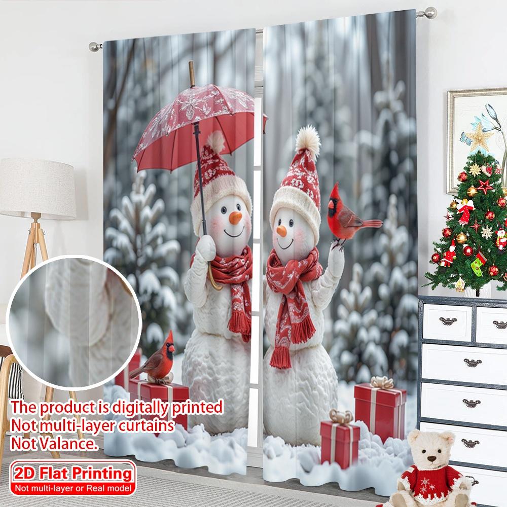2pcs 2D Flat Printing Christmas Party Curtain Cute Snowman Christmas Scene Gifts Polyester Without Electricity Party Decorations