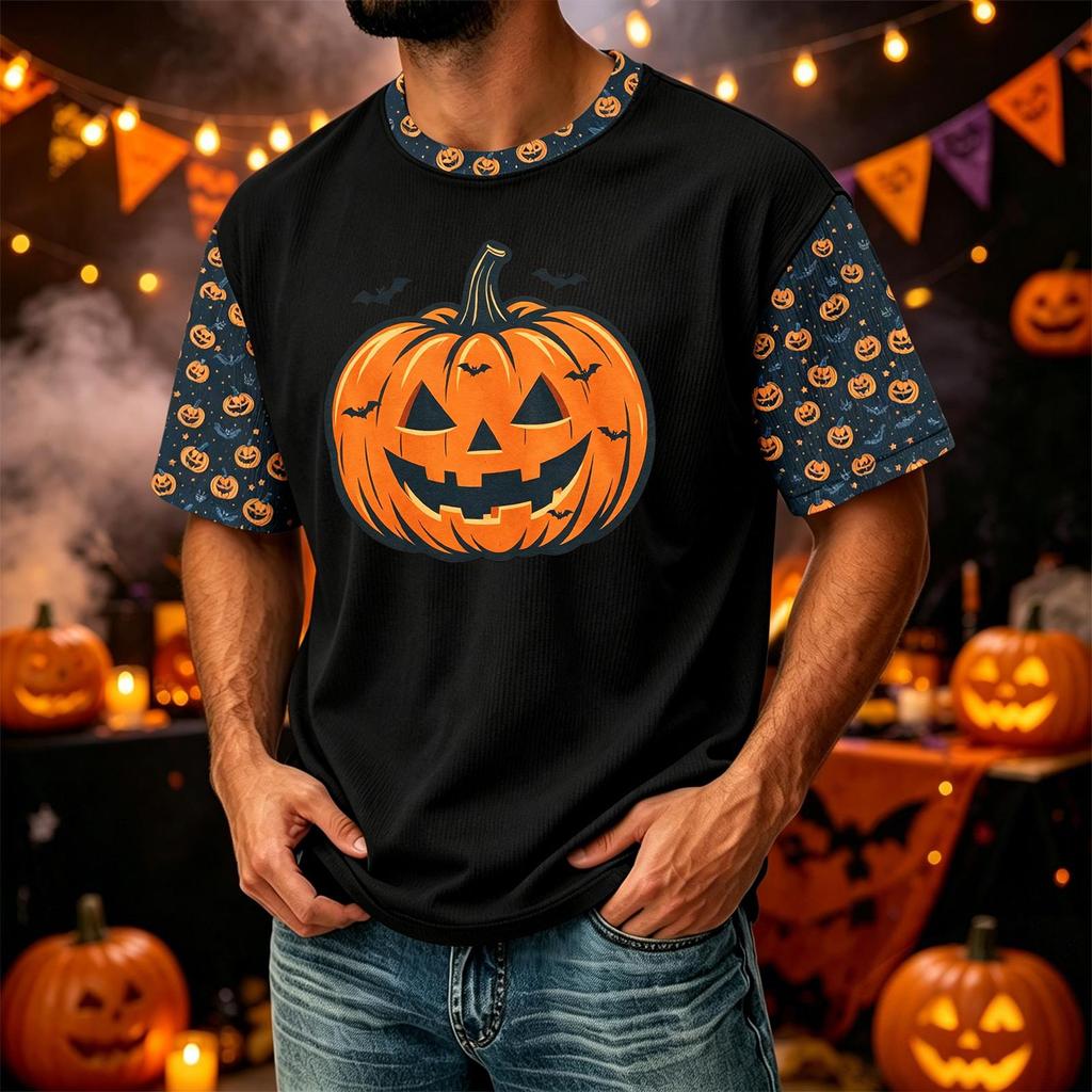 Herren Freizeit Corduroy Kurzarm Rundhals Leicht Atmungsaktiv T-Shirt mit Halloween Kürbis Print Design Bequeme Passform