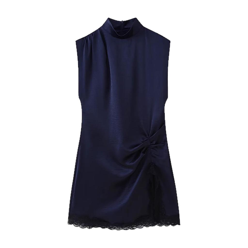 Popular spring new fashion lace splicing silk satin texture mini dress