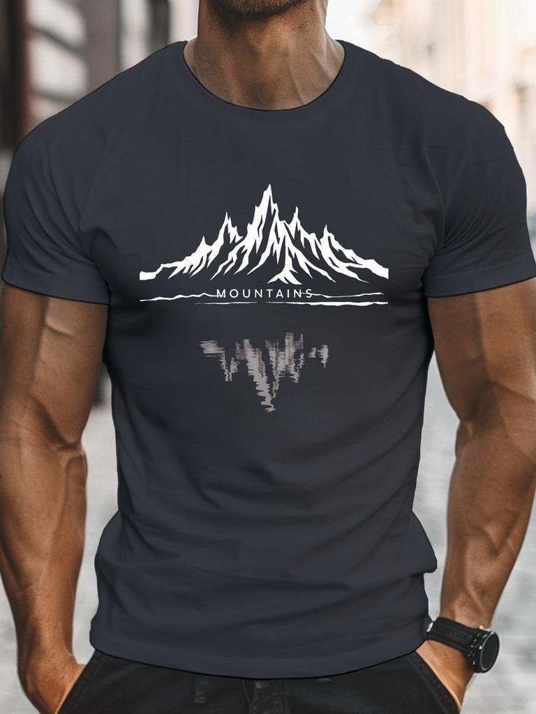 Herren Sommer 100% Reine Baumwolle Modisches Lässiges Sportliches Lockeres Mode Bergmuster Bedrucktes Rundhals Kurzarm T-Shirt