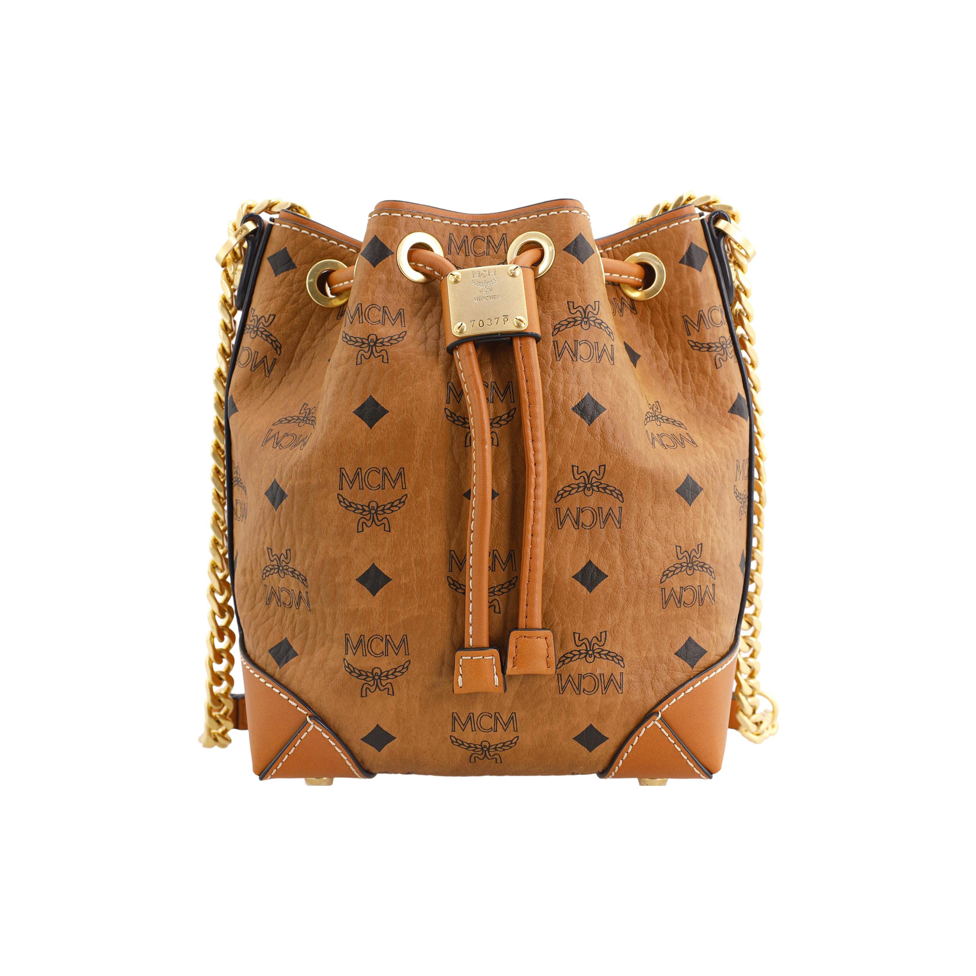 

New MCM Soft Berlin Drawstring Bag Mini Visetos Cognac MWDAABF03CO001 16.0*9.9*21.6CM