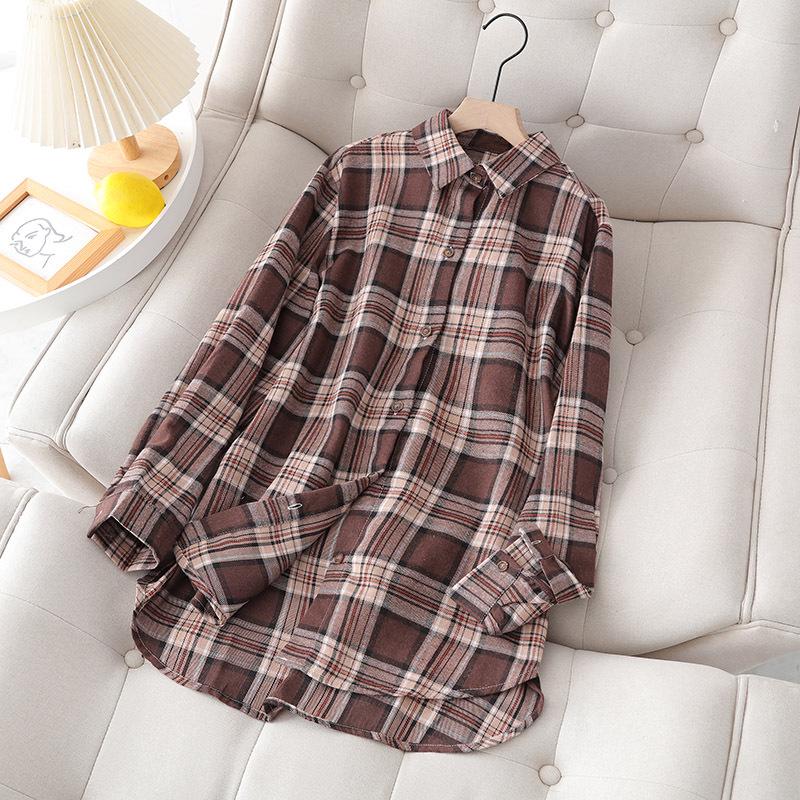 Women's Brushed Plaid Shirt, 2026 Spring Retro Hong Kong Style, Versatile Long Sleeve Plus Size, 200 Jin.