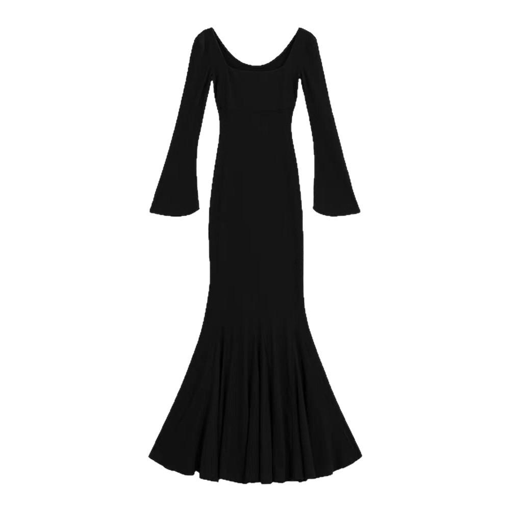 Autumn women's new popular models, beautiful step-by-step lotus black fishtail dress, autumn wear a long dress