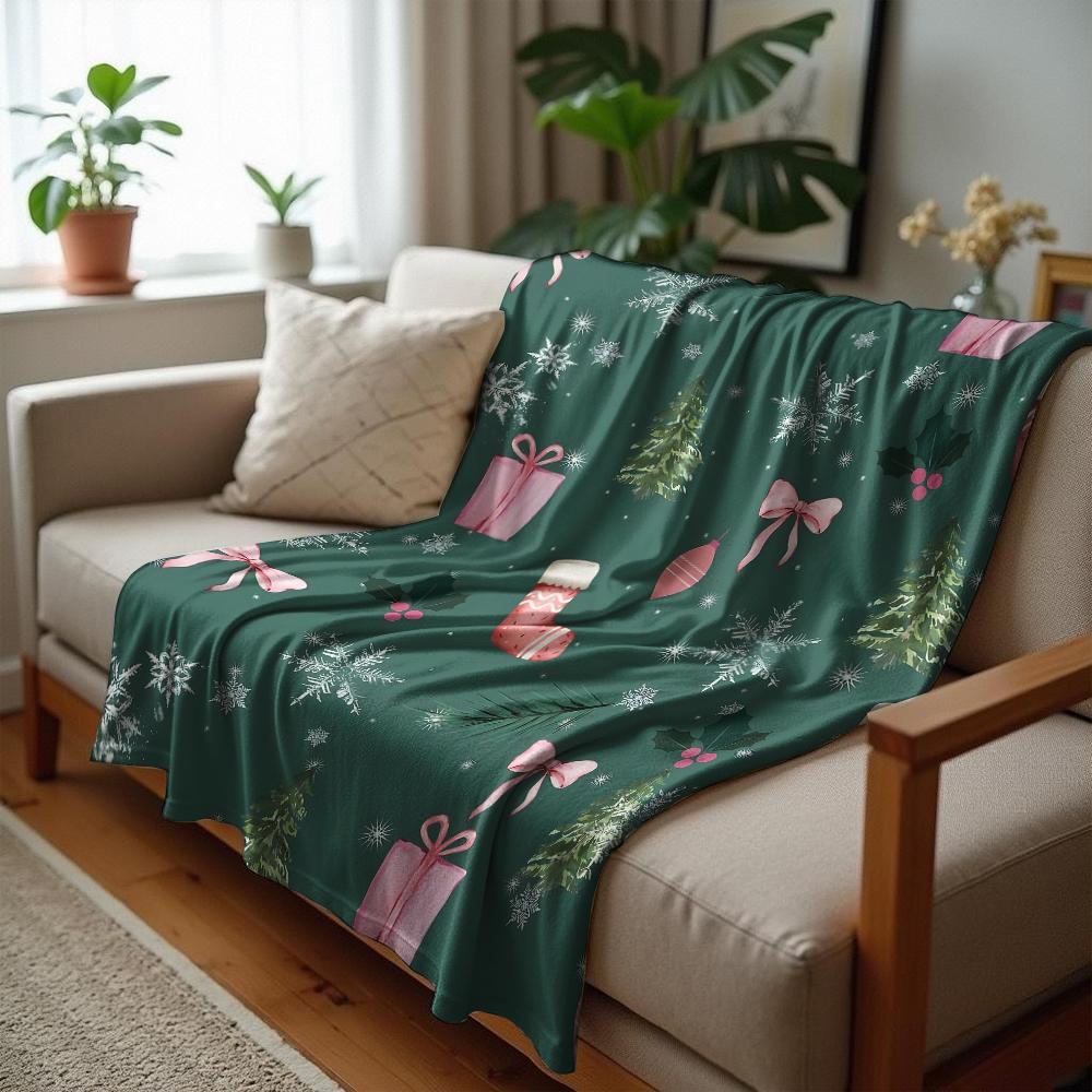 Pink Xmas Bow Tree Anime Cartoon Flannel Blanket Soft Warm Throw for Bedroom Sofa Car Kids Holiday Gift