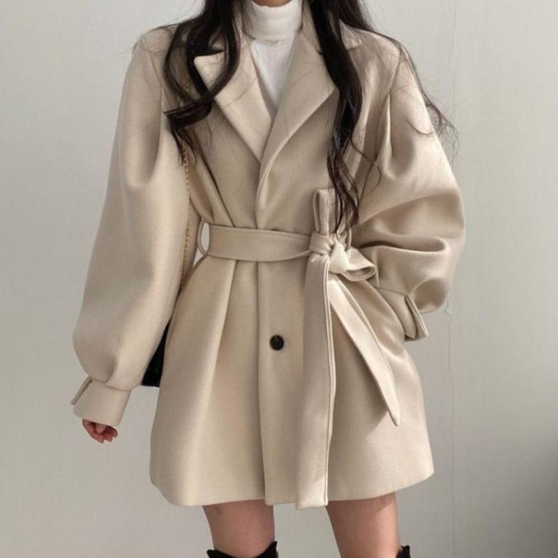 

Винтажное шерстяное пальто, женское осенне-зимнее пальто с рукавами-фонариками и лацканами, женское корейское модное элегантное пальто в стиле Хепберн, пальто XXXL