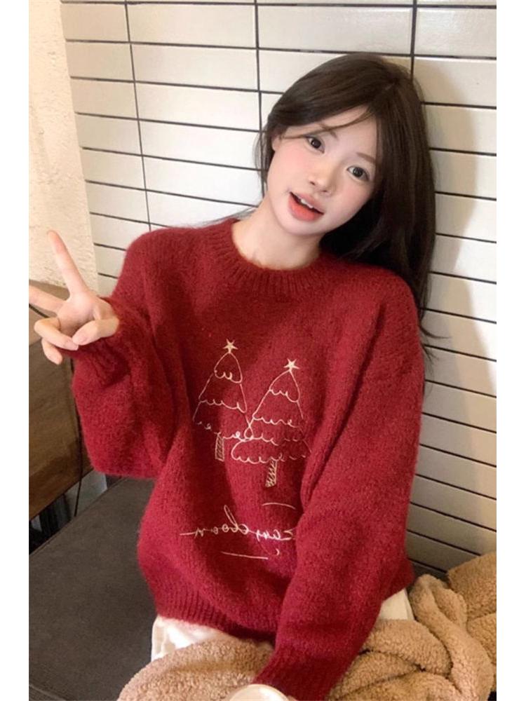 2025 Korean High-End Red Embroidered Christmas Sweater - Winter Petite Women's Knit Top