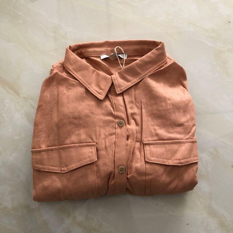 

Shirt Dress Fashionable Slim-Fit Short Sleeve Shoelace Waist Linen Orange A- 4-13-2 S