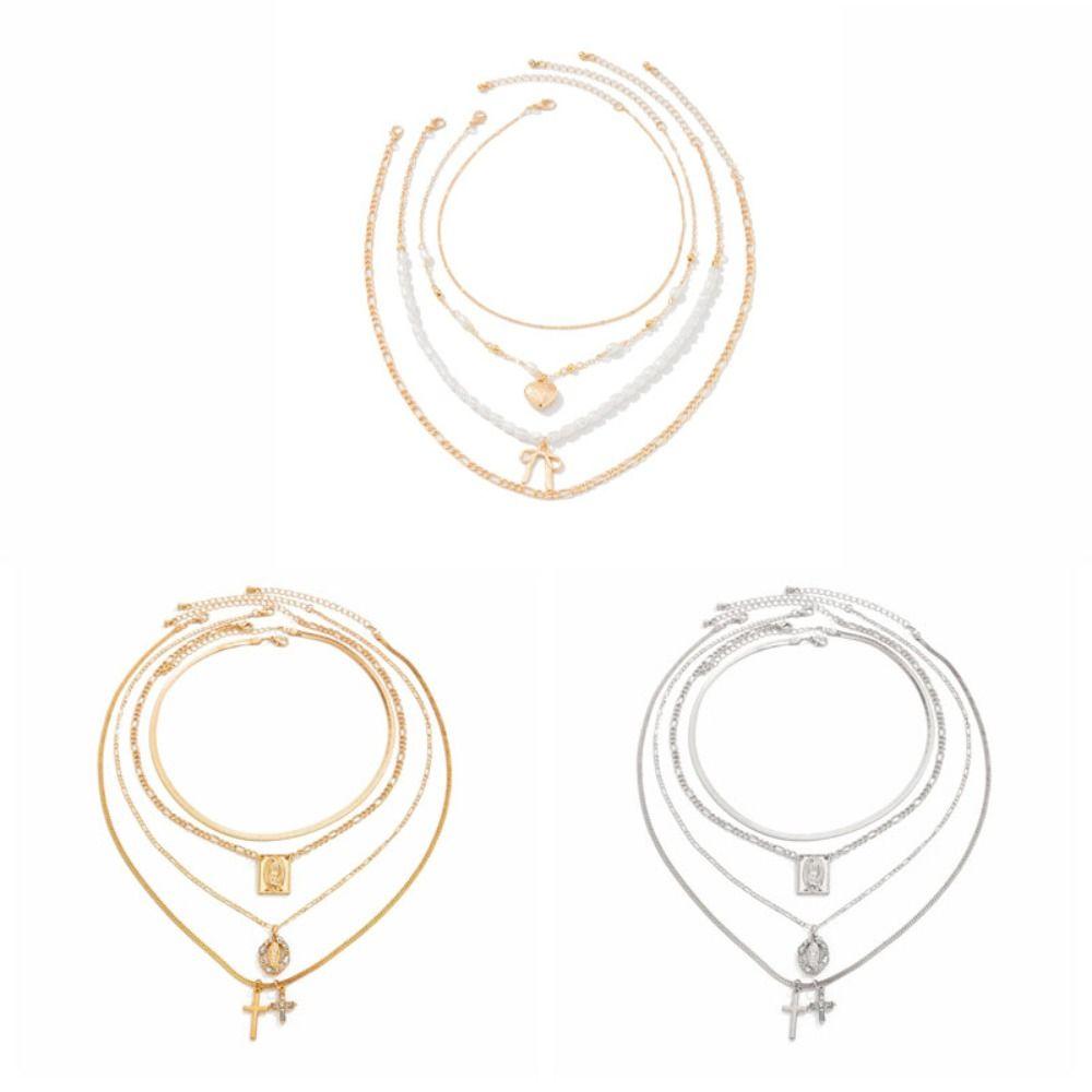 Love Bowknot Multilayer Pendant Necklace Crystal Y2K Metal Necklace Beaded Necklace  Women