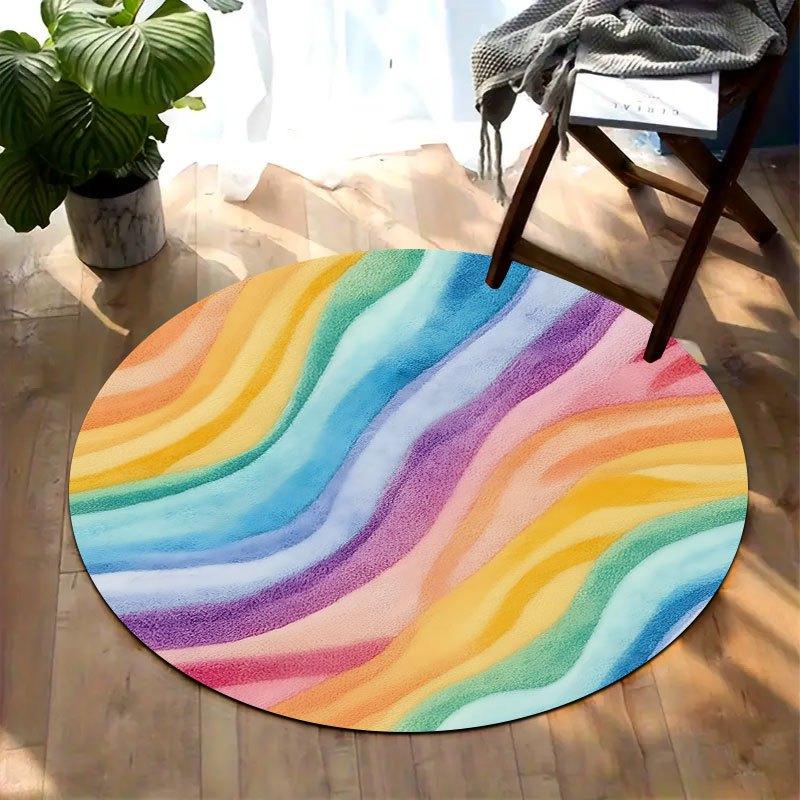 Rainbow-colored waves Flannel-printed round floor mats are slip-resistant Suitable living room bedroom terrace garden carpets