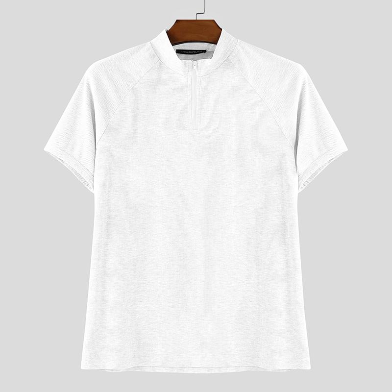 INCERUN Men Zip-up Turtleneck Short Sleeve Rib Fitted T-Shirts Tops