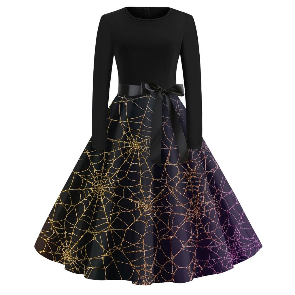 Women's Fashion O-Neck Casual Slim Fit Halloween Printed Long Sleeve Dress