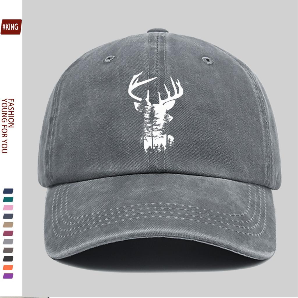 Deer Head Forest Graphic Washed Baseball Cap Vintage Outdoor Adjustable Cotton Trucker Hat