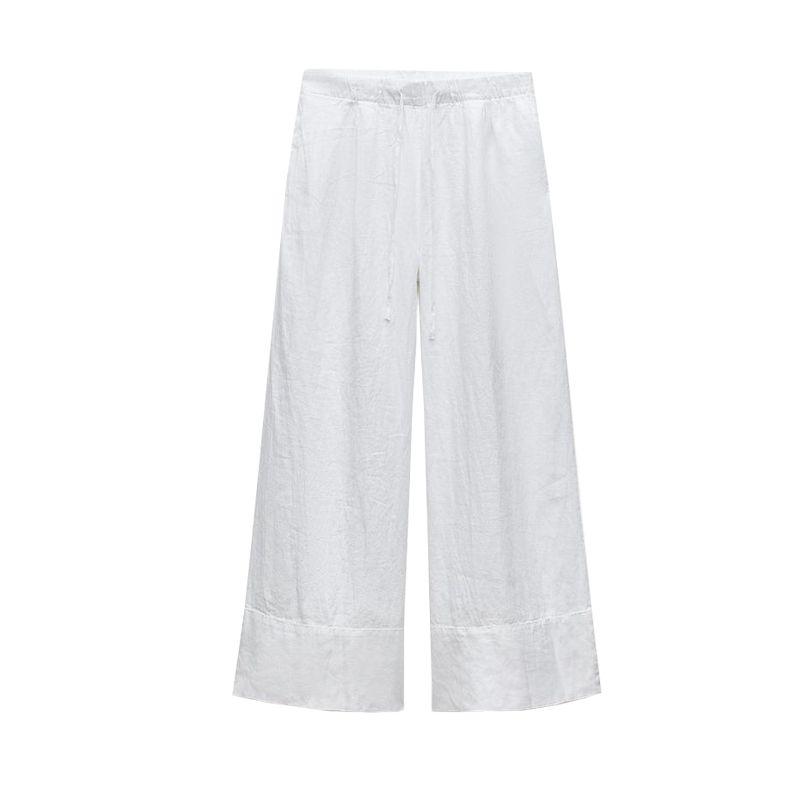 Spring New Lapel Long Sleeves Linen Blended Shirt 4877100 Mid Waist Shoelace Wide Leg Pants 4877101