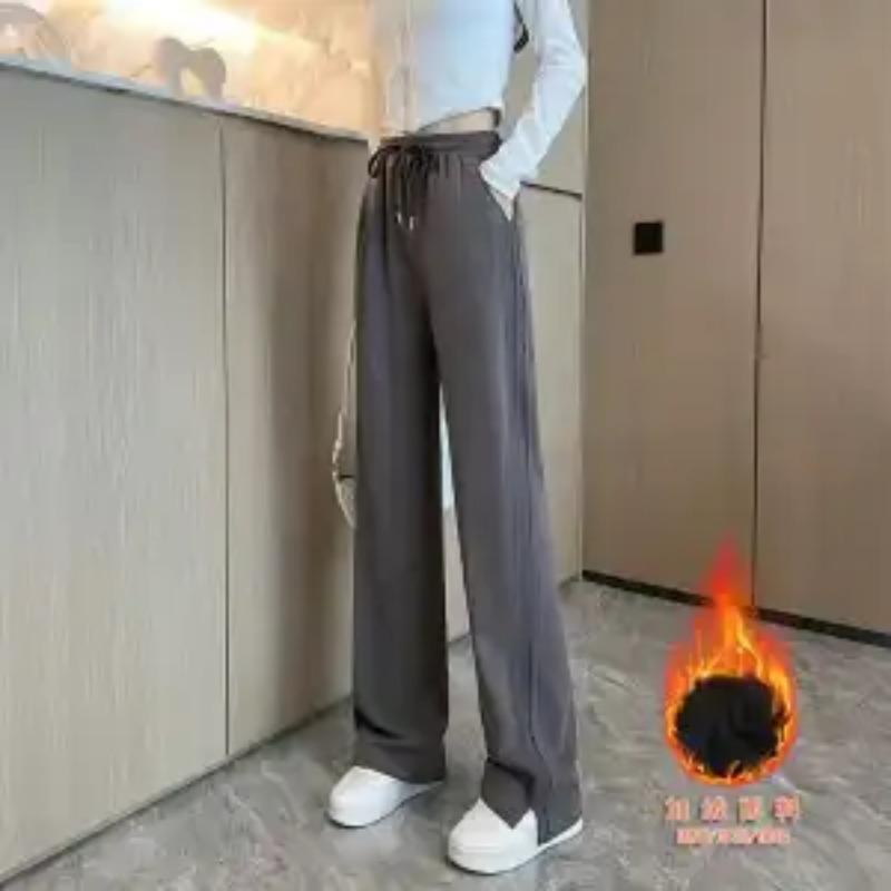 Women's Autumn and Winter Velvet Thickened High-waisted Design Loose Straight Floor-length Casual Slit Wide-leg Pants