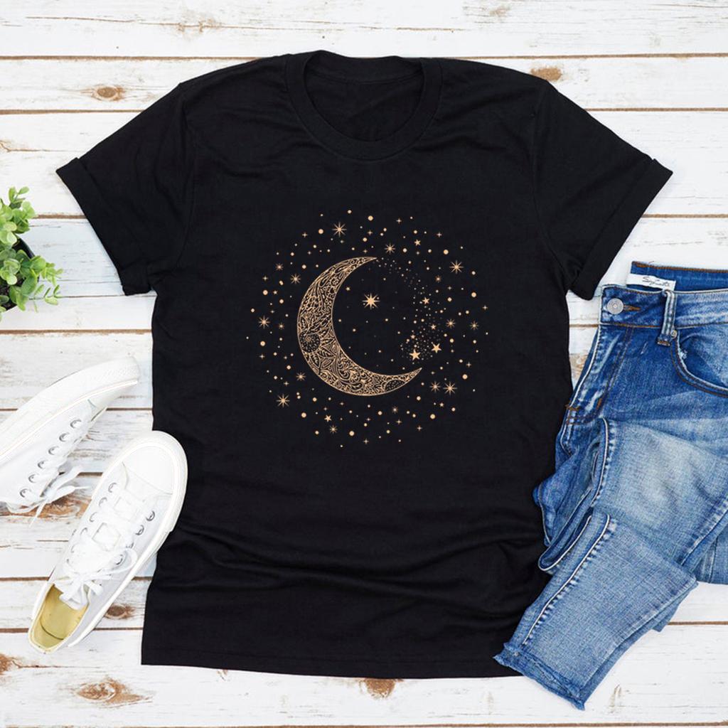 Mystic Moon Phase T-Shirt Lunar Crescent Graphic Tee Spiritual Astrology Top for Women Mystical Shirt Short Sleeve Gothic Tshirt
