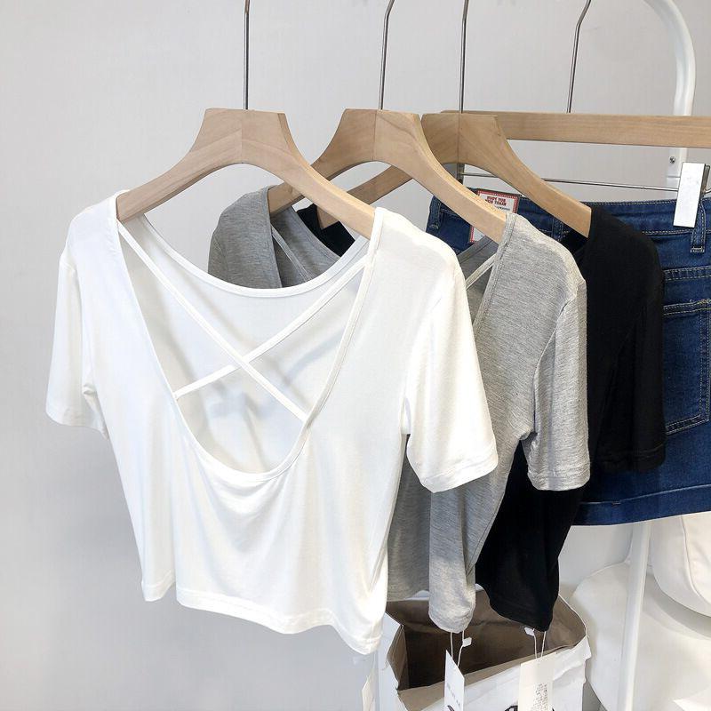 2026 summer new Korean version slim and thin machine cross beautiful back short bottom short sleeve T-shirt top women