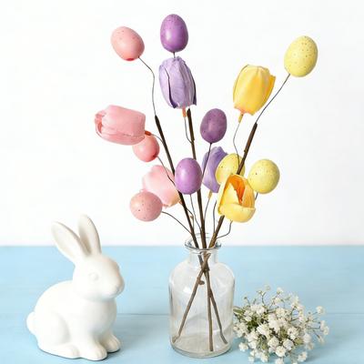 Easter Eggs Picks Spring Artificial Tulip Flower Stem with Eggs Floral Arrangement for Home Vase Filler Table Centerpiece