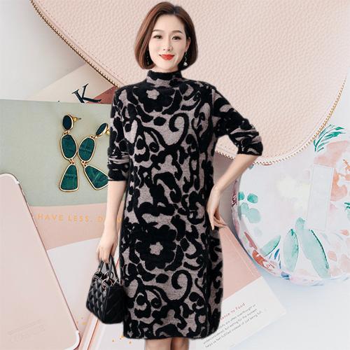 Women's Plus-size Sweater Dress Autumn Winter Fleece Mid-length Straight Knitted Dress Printed Flocking High-neck Skin-friendly Knitted Dress