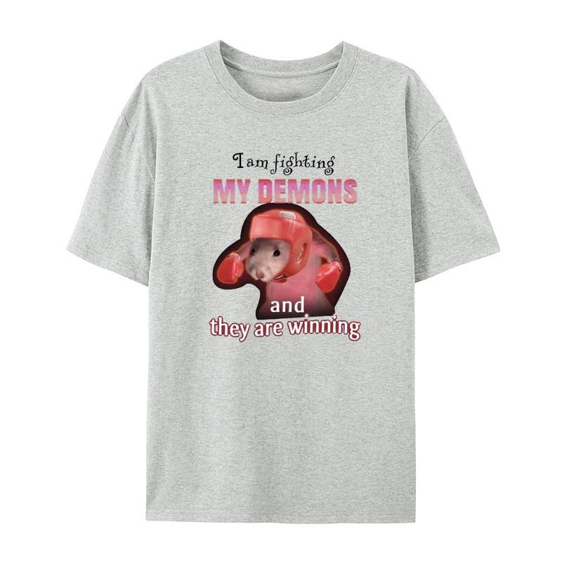 Interesting Me Fighting Against My Demon and Winning The Mouse Meme White Casual Tshirt Mens and Womens Luxury Brand Top