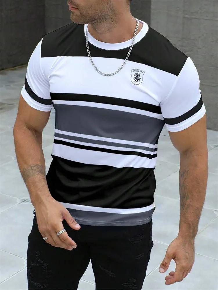 Simple Striped 3D Printed Men's T-shirt, Summer Casual Short-sleeved T-shirt, Street Style Crew Neck Pullover, Men's Loose Clothing