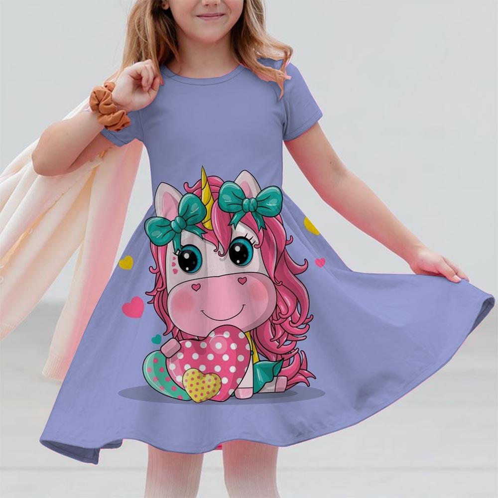 Robes d'été pour filles Licorne Enfants Robe à manches courtes Dessin animé Tout-petits Décontracté Robes droites Vêtements pour enfants 3-12 ans
