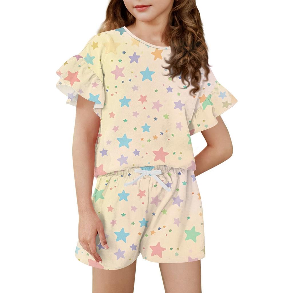 Girls' Summer Outfit Ruffle Sleeve Top And Shorts Clothing Set Lightweight Casual Two Piece