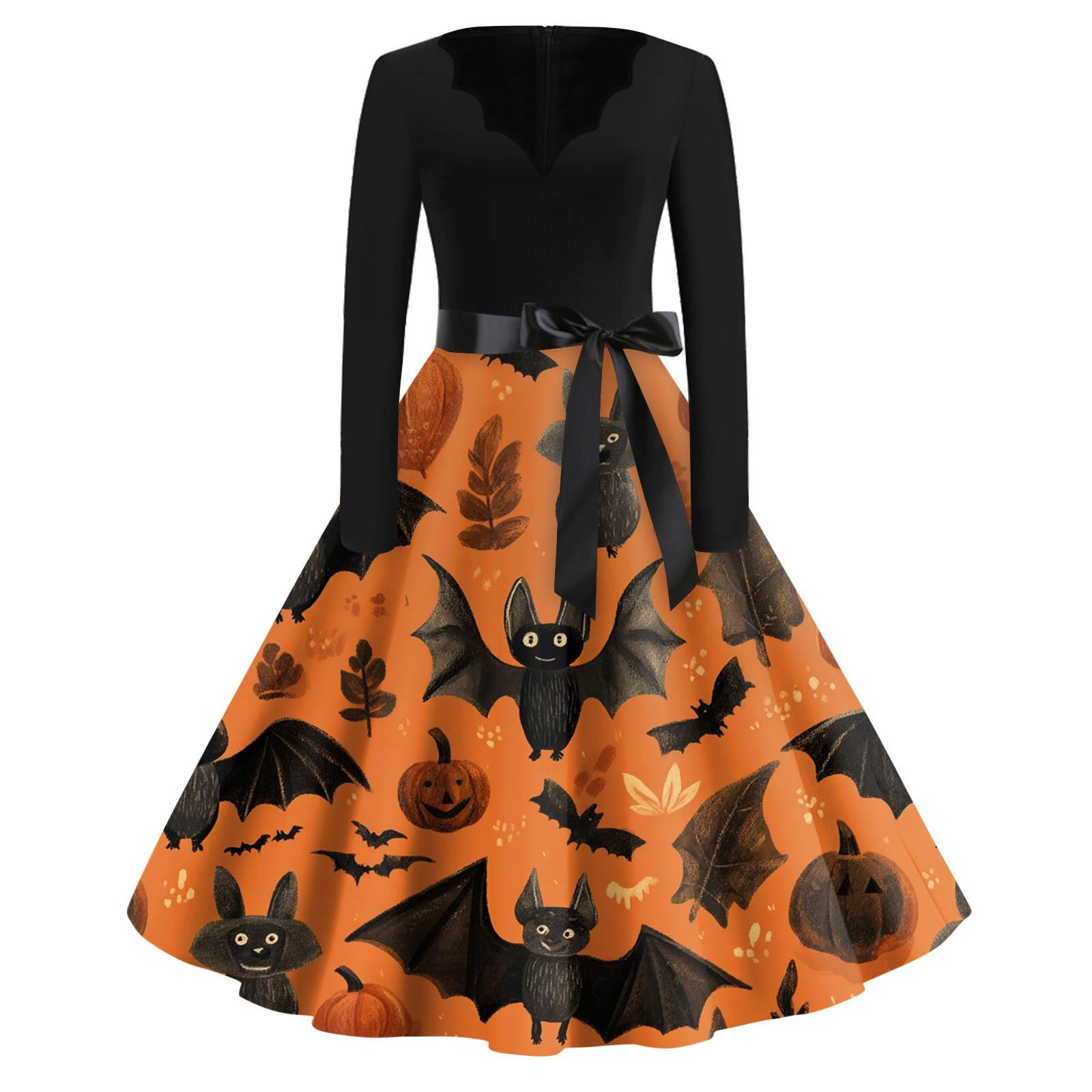 

Женская мода с v-образным вырезом, повседневные тонкие платья с длинными рукавами и принтом на Хэллоуин XXXXXL