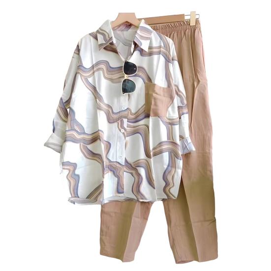 Conjunto de Dos Piezas a Rayas para Mujer Camisa Blusa de Manga Larga con Solapa y Botones y Pantalón Traje Deportivo Casual de Verano