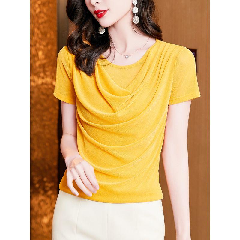 Size Women's Clothing Chubby Girl Summer New Arrival Pure Color Silm Swing Collar Mesh Slimming Short Sleeve T-shirt Easiest for Match 8 Color Women