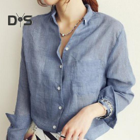 Women Lapel Long Sleeve Shirt Tops Loose Fit Single breasted Patch Pocket Thin Casual Shirt Workwear
