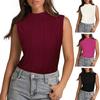 Women Summer Vest Solid Color Half Turtle Neck Sleeveless Tank Top Striped Jacquard Texture