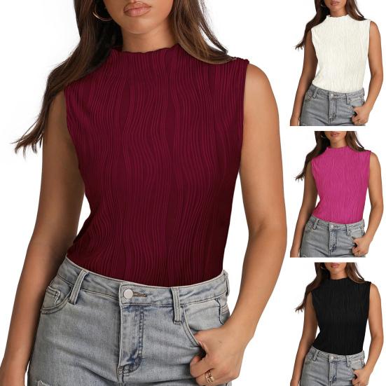 Women Summer Vest Solid Color Half Turtle Neck Sleeveless Tank Top Striped Jacquard Texture