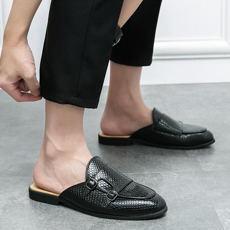 New Men Half Slippers Loafers Casual Monk Strap Serpentine Patent Leather Mules Moccasins Breathable Soft Slip On Driving Shoes