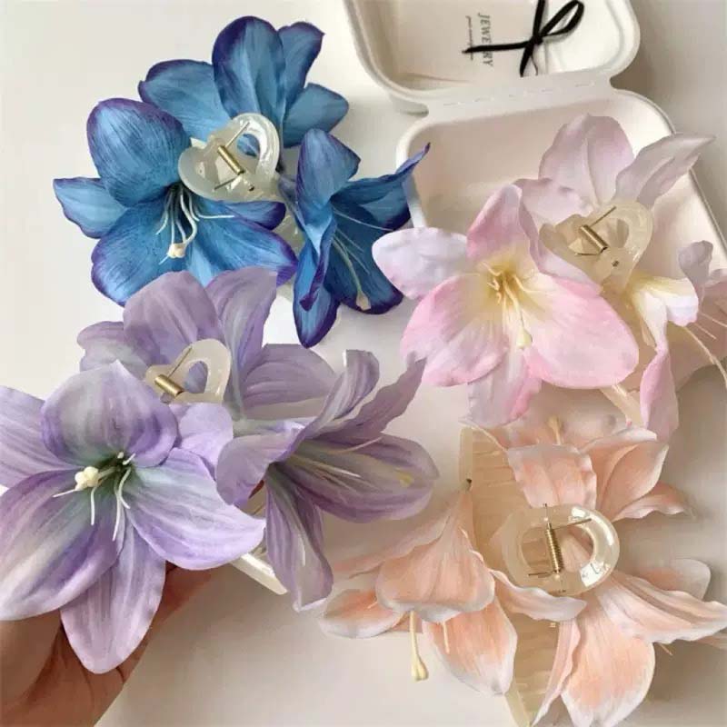 Korean Tie-dyed Lily Flower Hair Claws For Women Girl Sweet Double Sided Floral Shark Clip Hair Clips Crab Hair Accessories