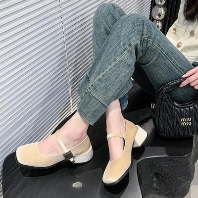 Mary Jane Shoes Women's Thick Heel Grandma Shoes Early Spring and Autumn New Square Head Velvet High Heels One-word Single Shoes