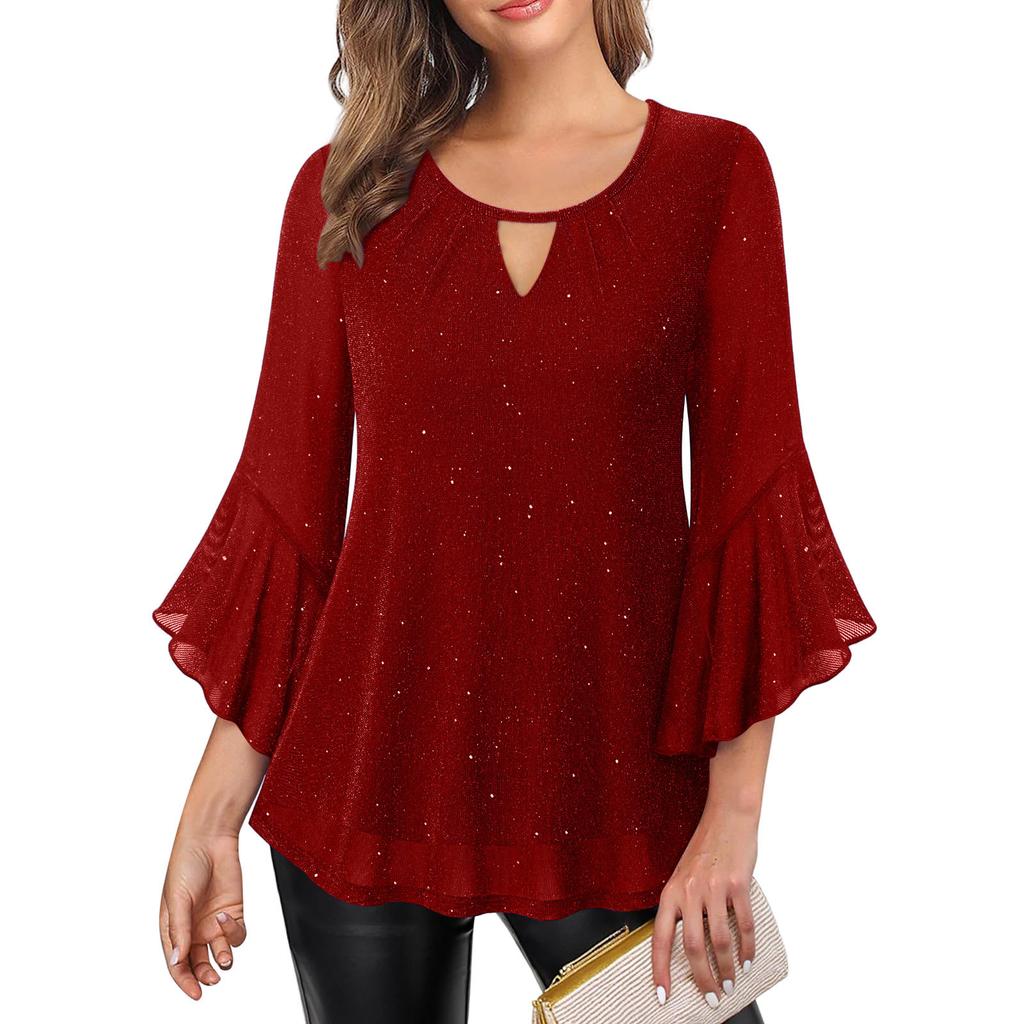 Damenmode Einfarbige Rundhals-Dreiviertelarm-Rüschensaum Glitzernder Folienaufdruck Oberteil Lässige Lockere Passform Bluse