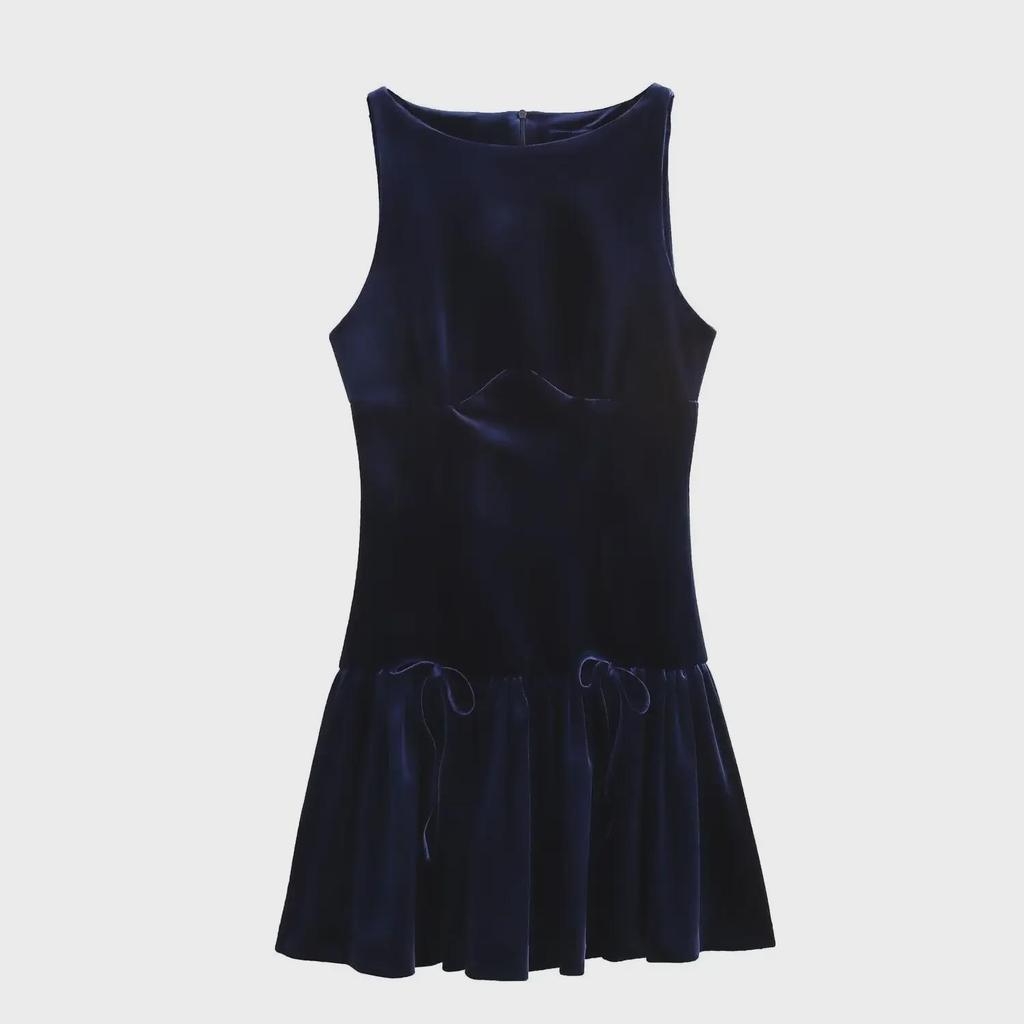 Velvet Bow-Decorated Sleeveless Slim Dress - European & American Style 9388072