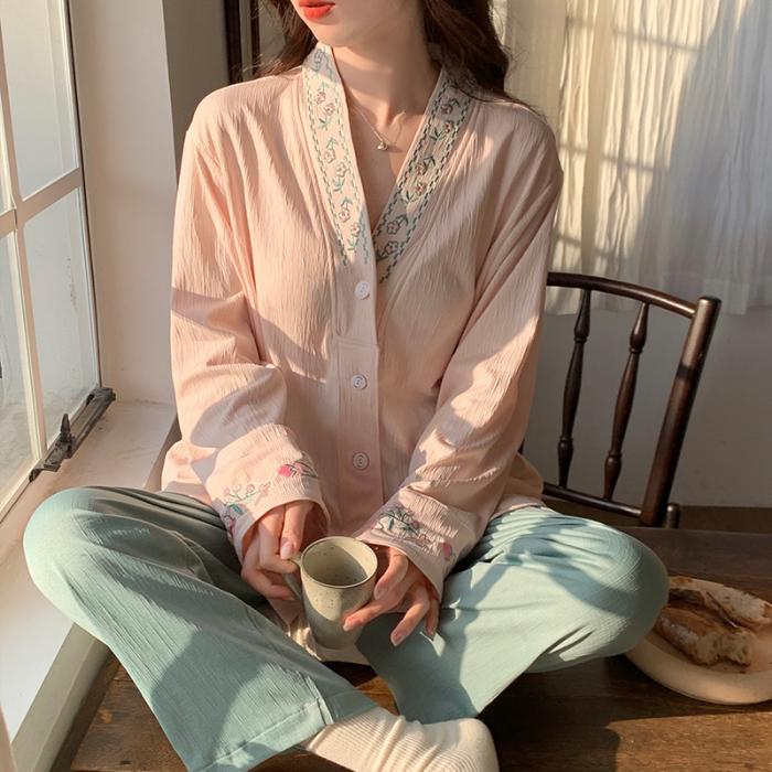 2025 Spring and Autumn Pajamas with Chest Pads Women's Bamboo embroidery Cardigan pyjamas set Simple Temperament Two-piece sleepwear Loungewear Set
