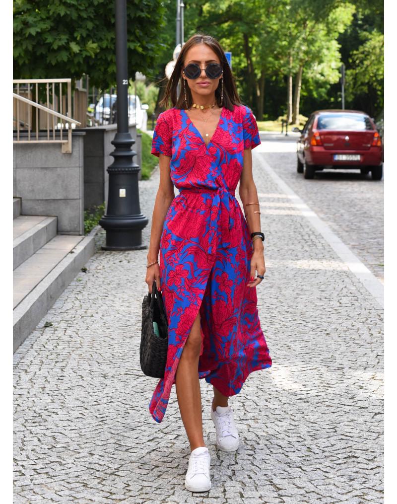 2025 Summer Women s V-Neck Printed Short-Sleeve Slit Maxi Dress Medium