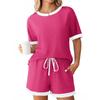 Women's Ribbed Short Sleeve Top and Shorts Set, Casual Loungewear with Contrast Trim, Multiple Color Options