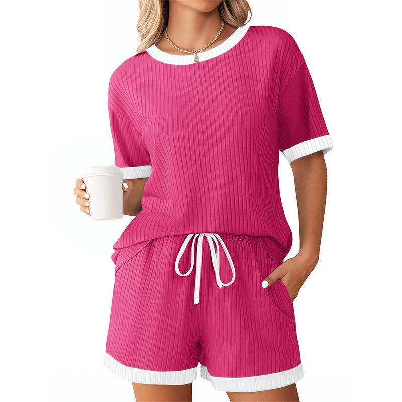 Women's Ribbed Short Sleeve Top and Shorts Set, Casual Loungewear with Contrast Trim, Multiple Color Options