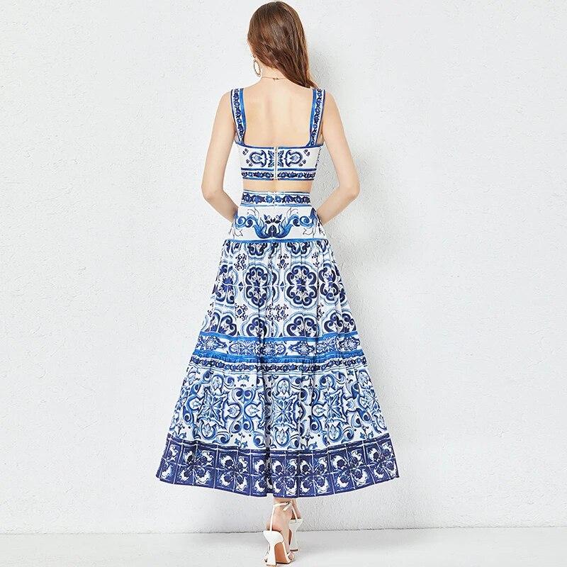 Elegant Porcelain Pattern Two Piece Set Women Flower Print Short Crop Top Pleated Maxi Skirt Suits Female Patchwork Vintage Strap Sets 2024