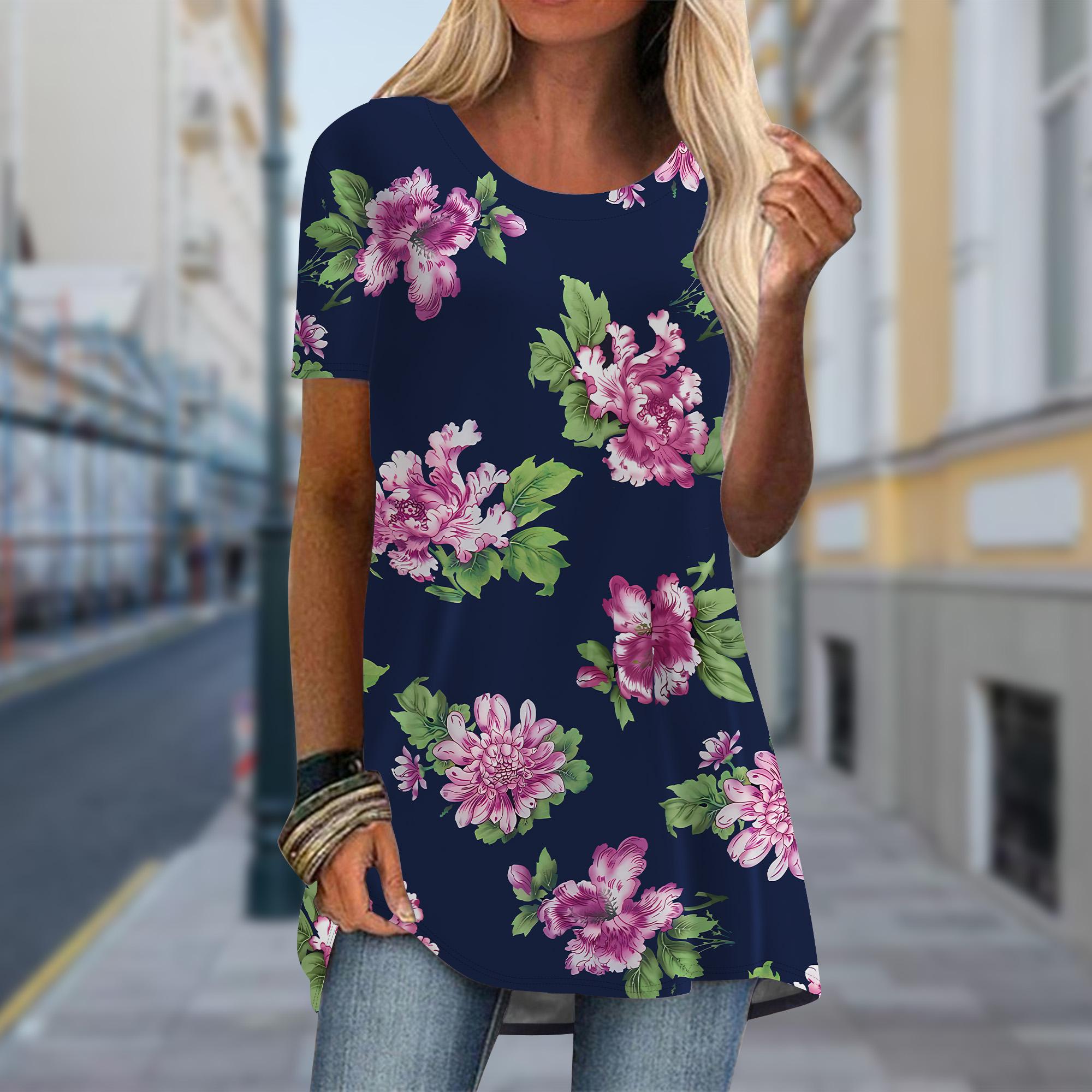 

Плюс размер Женская весенняя футболка с принтом рододендрона, удобная, с коротким рукавом и круглым воротником, повседневные мешковатые футболки средней длины 8XL фиолетовый