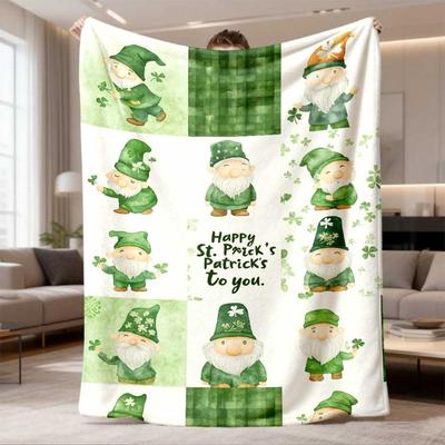 2026 Latest Green Gnome-Themed Flannel Blanket, Soft Cozy All-Season Throw with Leprechaun Hat and Shamrock Design, Bohemian Style, Polyester, Square 
