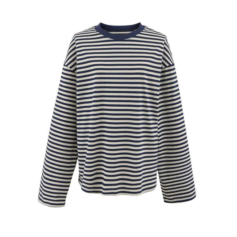 Summer New Product Women's Clothes French Lazy Style Round Neck Long Sleeves Contrast Color Stripes Casual Loose T-shirt Tops